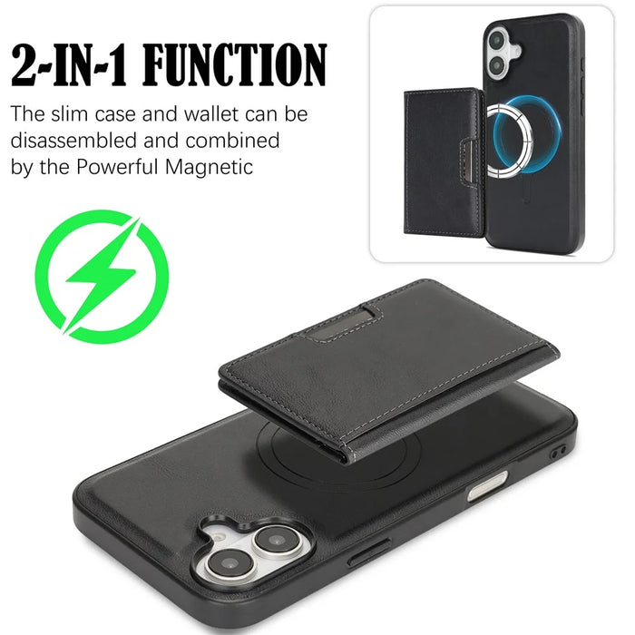 For iPhone 17 Kickstand Case Bi-fold Card Bag PU Leather Coated TPU Cover Compatible with MagSafe - Black - 3