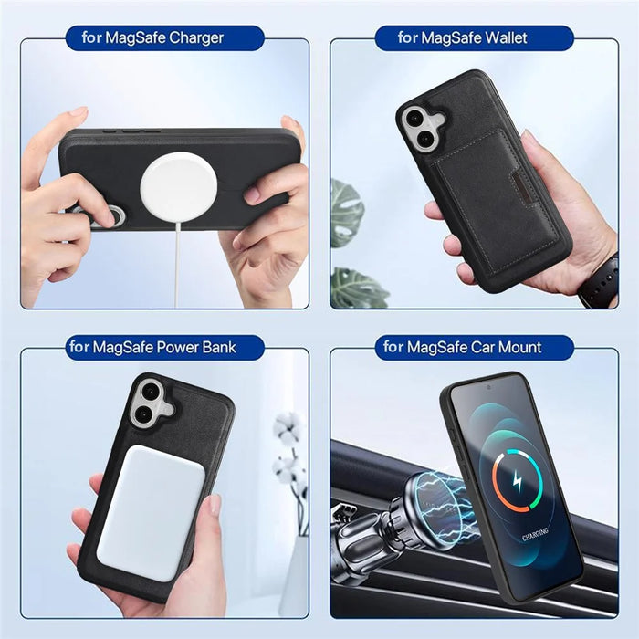 For iPhone 17 Kickstand Case Bi-fold Card Bag PU Leather Coated TPU Cover Compatible with MagSafe - Black - 7