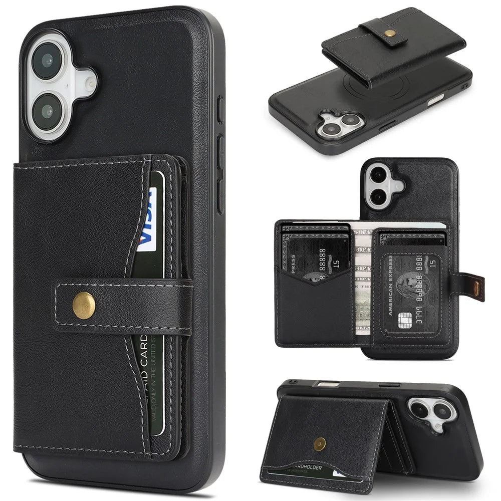 For iPhone 17 Kickstand Case Detachable Card Bag Compatible with MagSafe PU Leather Coated TPU Phone Cover - Black - 1