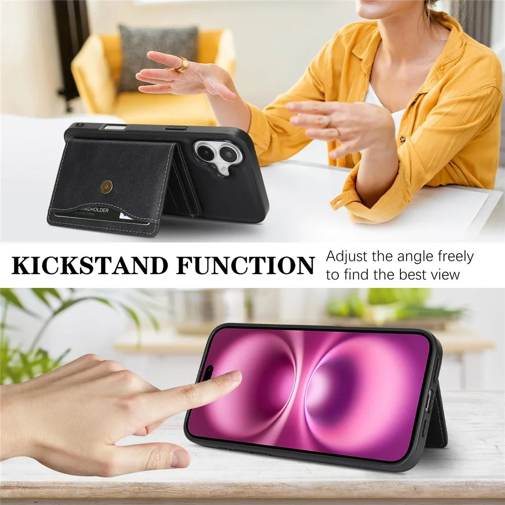 For iPhone 17 Kickstand Case Detachable Card Bag Compatible with MagSafe PU Leather Coated TPU Phone Cover - Black - 4
