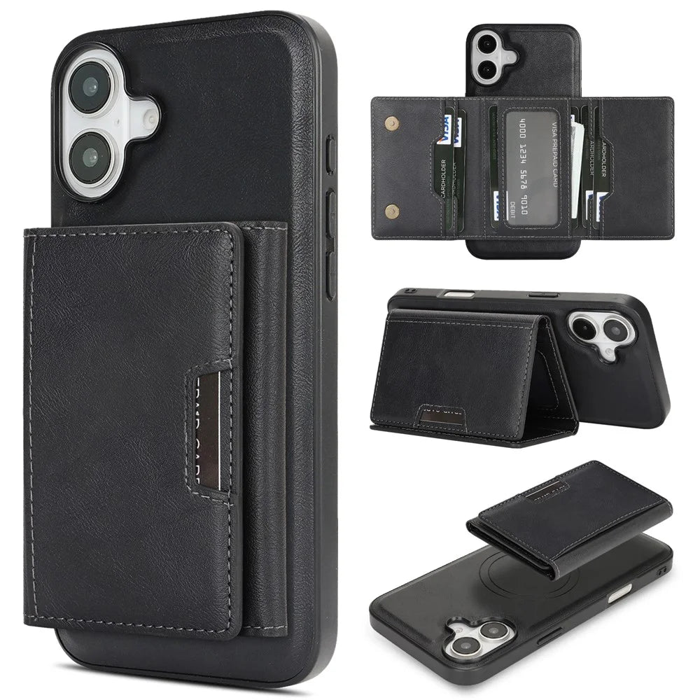 For iPhone 17 Kickstand Case Tri-fold Card Bag PU Leather Coated TPU Cover Compatible with MagSafe - Black - 1