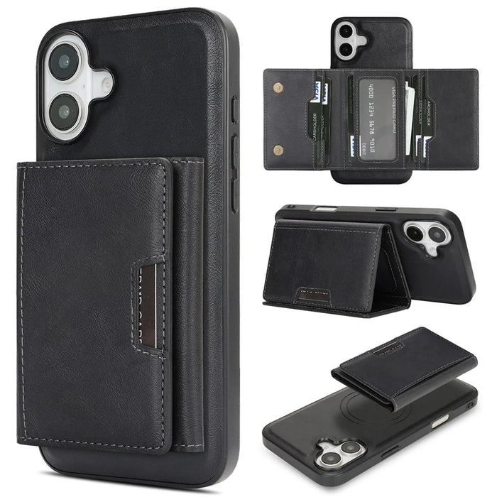For iPhone 17 Kickstand Case Tri-fold Card Bag PU Leather Coated TPU Cover Compatible with MagSafe - Black - 1