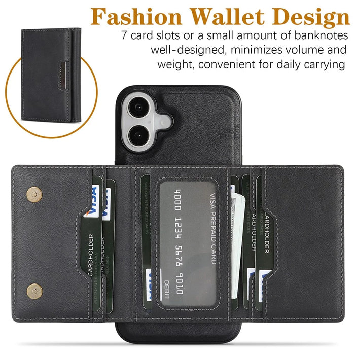 For iPhone 17 Kickstand Case Tri-fold Card Bag PU Leather Coated TPU Cover Compatible with MagSafe - Black - 3