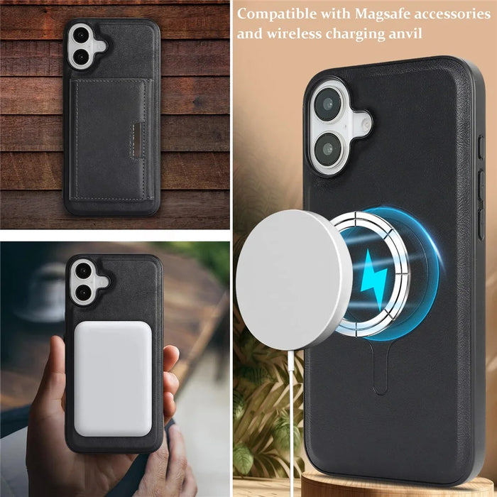 For iPhone 17 Kickstand Case Tri-fold Card Bag PU Leather Coated TPU Cover Compatible with MagSafe - Black - 4