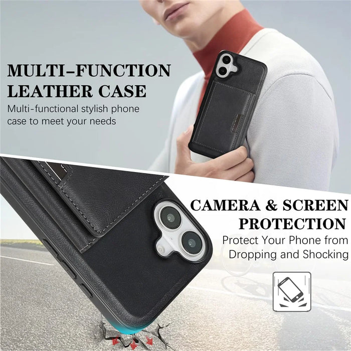 For iPhone 17 Kickstand Case Tri-fold Card Bag PU Leather Coated TPU Cover Compatible with MagSafe - Black - 6