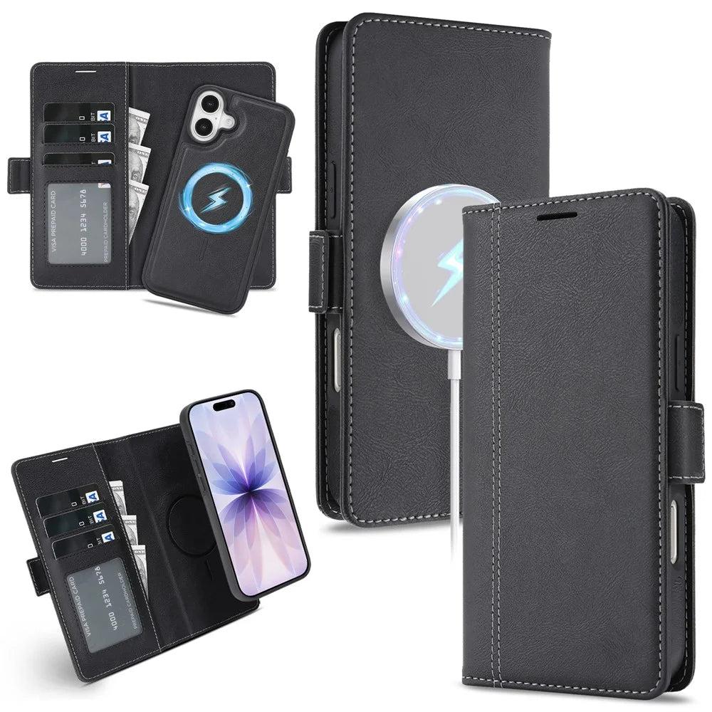 For iPhone 17 Case Detachable 2 in 1 Leather Wallet Phone Cover Compatible with MagSafe - Black - 1