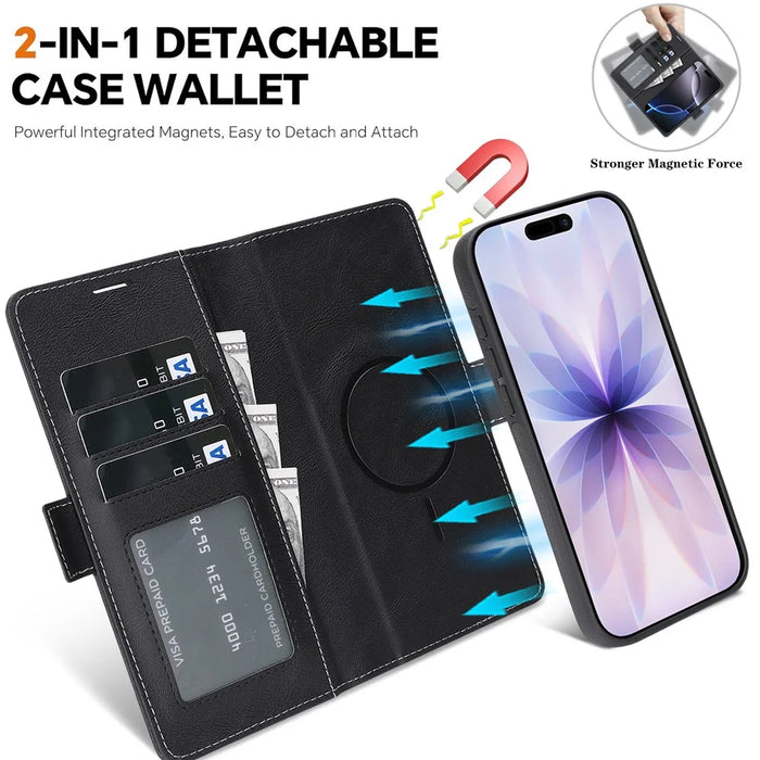 For iPhone 17 Case Detachable 2 in 1 Leather Wallet Phone Cover Compatible with MagSafe - Black - 3