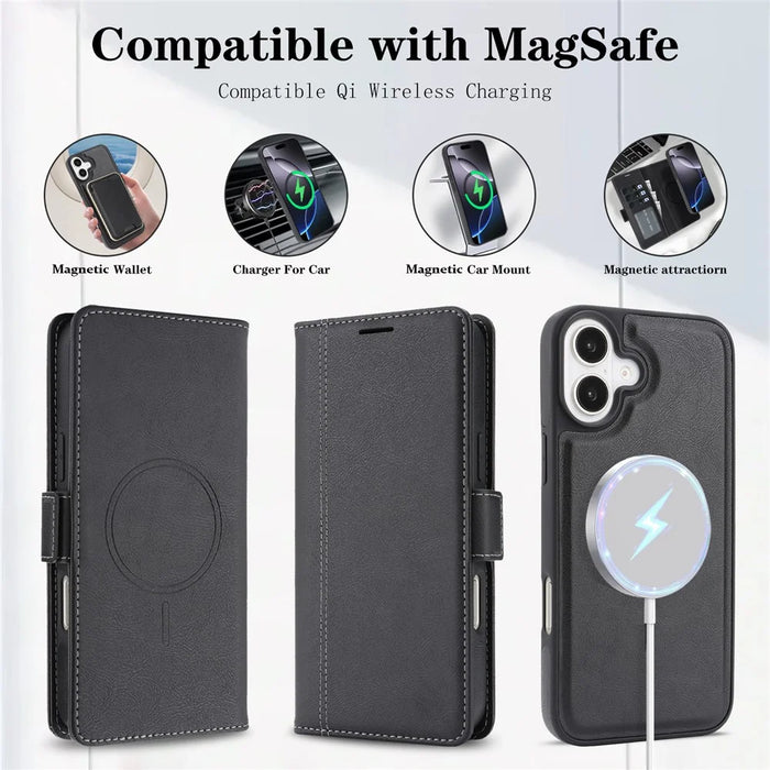 For iPhone 17 Case Detachable 2 in 1 Leather Wallet Phone Cover Compatible with MagSafe - Black - 4