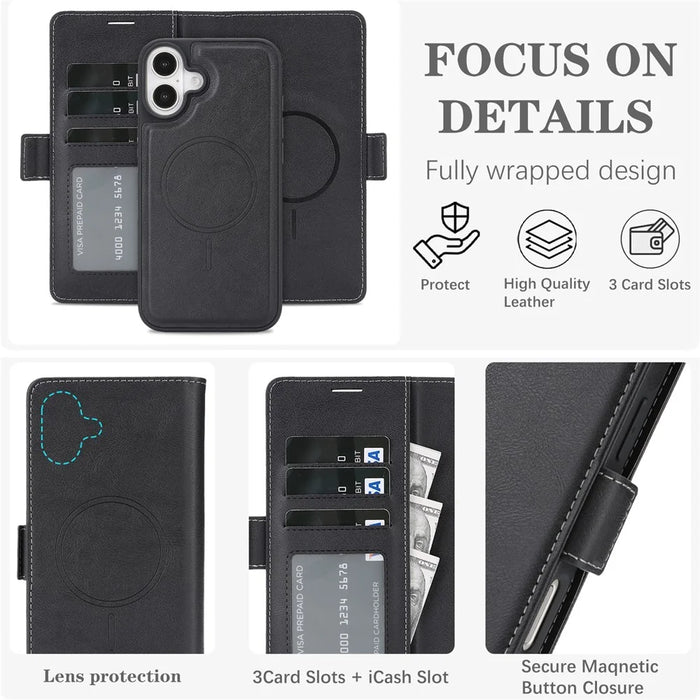 For iPhone 17 Case Detachable 2 in 1 Leather Wallet Phone Cover Compatible with MagSafe - Black - 5