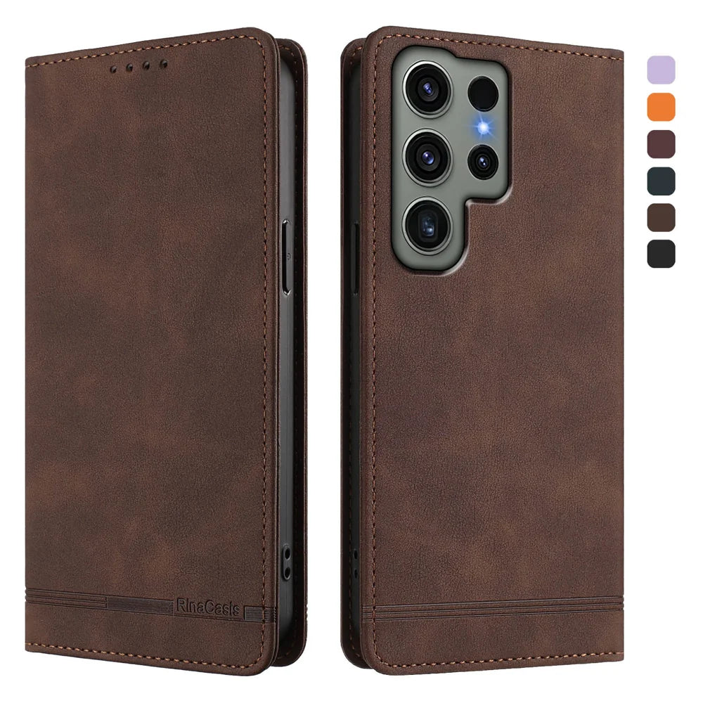 For Samsung Galaxy S23 Ultra Case RINACASIS RC23 RFID Blocking Wallet Stand PU Leather Phone Cover - Brown - 1