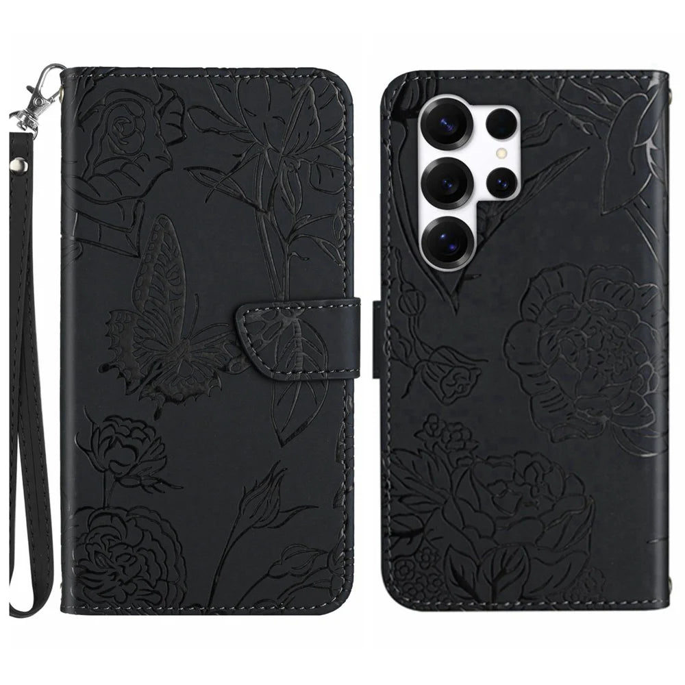 For Samsung Galaxy S26 Ultra Case with Wrist Strap Butterfly Flower Imprinted Leather Phone Cover - Black - 1