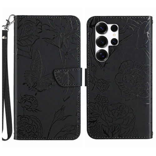 For Samsung Galaxy S26 Ultra Case with Wrist Strap Butterfly Flower Imprinted Leather Phone Cover - Black - 1