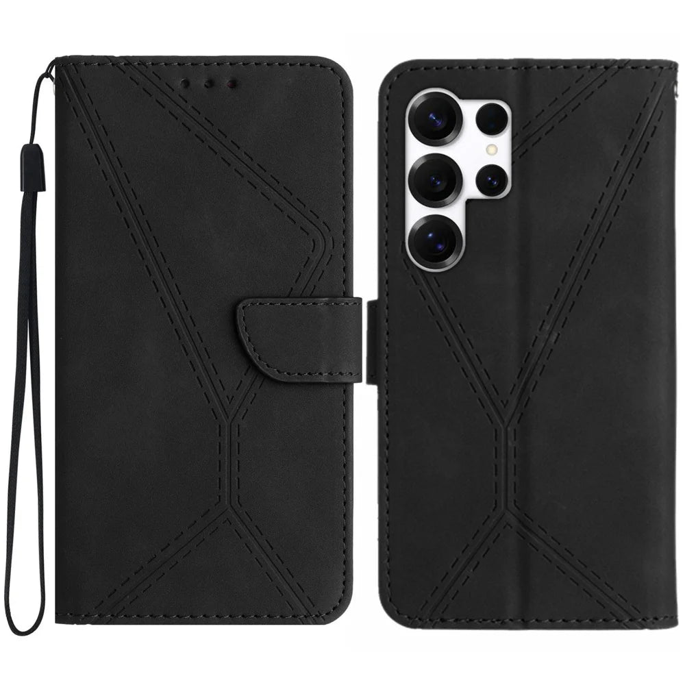 For Samsung Galaxy S26 Ultra Case Skin Touch Lines Imprinted PU Leather Flip Phone Cover - Black - 1