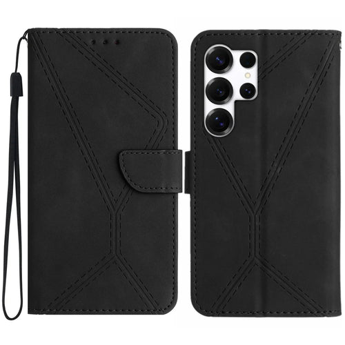 For Samsung Galaxy S26 Ultra Case Skin Touch Lines Imprinted PU Leather Flip Phone Cover - Black - 1