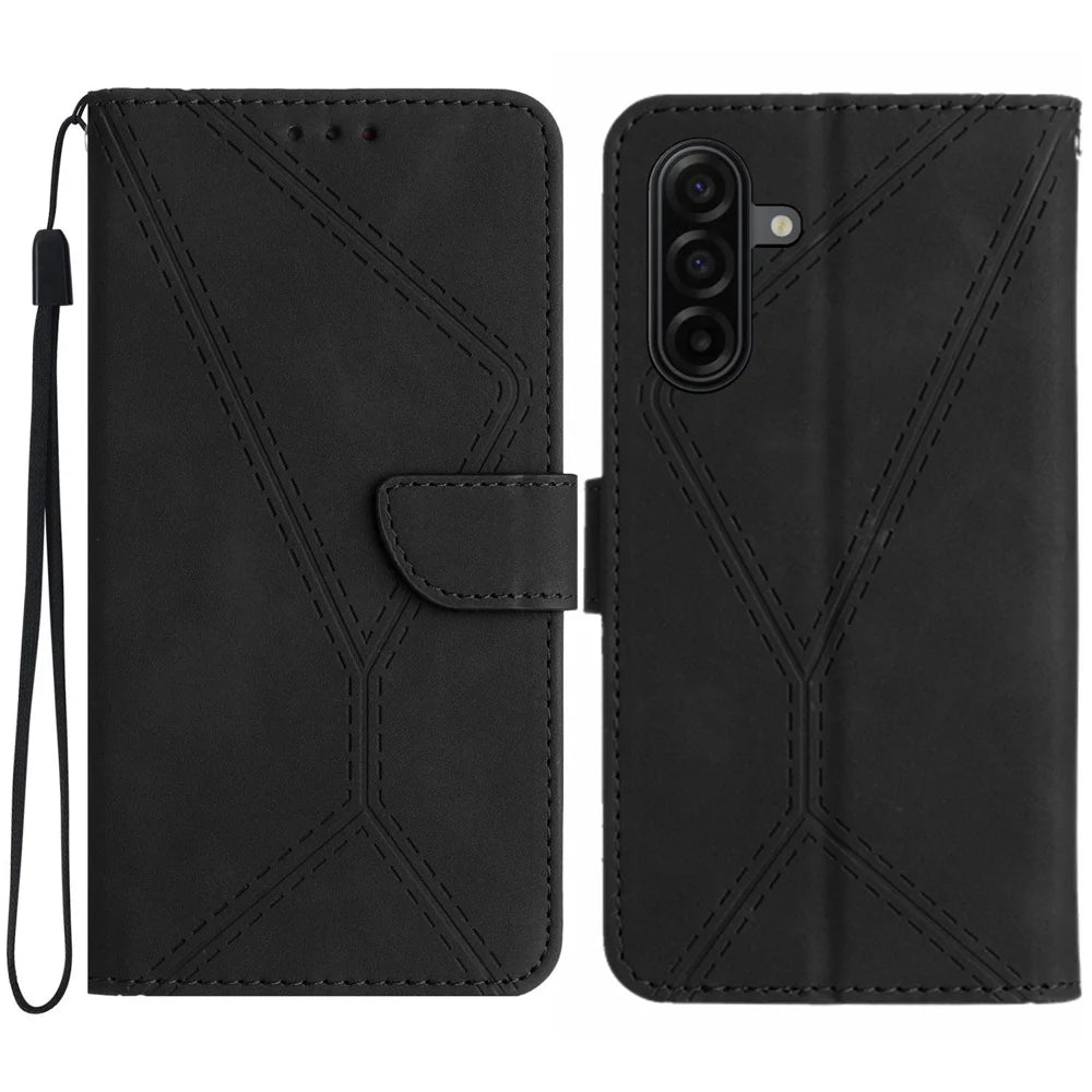 For Samsung Galaxy S26 Case Skin Touch Lines Imprinted PU Leather Flip Phone Cover - Black - 1