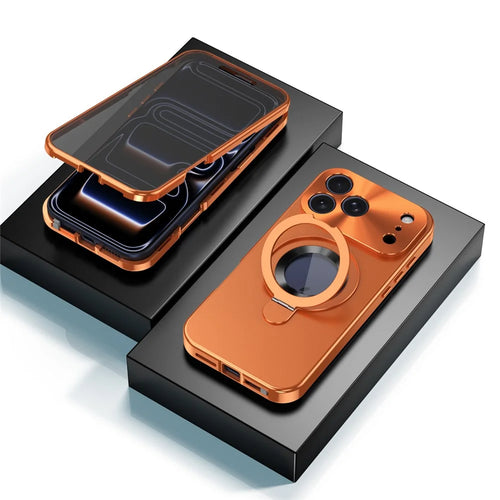 For iPhone 17 Pro Max Magnetic Case PC + Metal Kickstand Phone Cover with Anti-Spy Tempered Glass Film - Orange - 1