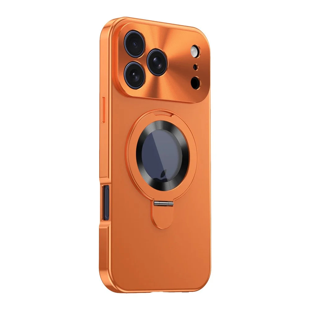 For iPhone 17 Pro Magnetic Case PC + Metal Kickstand Phone Cover with Anti-Spy Tempered Glass Film - Orange - 2