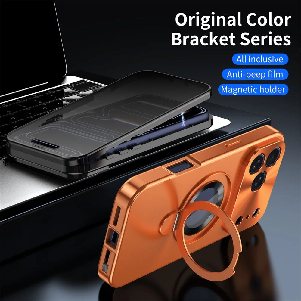 For iPhone 17 Pro Magnetic Case PC + Metal Kickstand Phone Cover with Anti-Spy Tempered Glass Film - Orange - 3