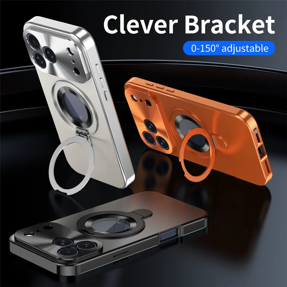 For iPhone 17 Pro Magnetic Case PC + Metal Kickstand Phone Cover with Anti-Spy Tempered Glass Film - Orange - 4