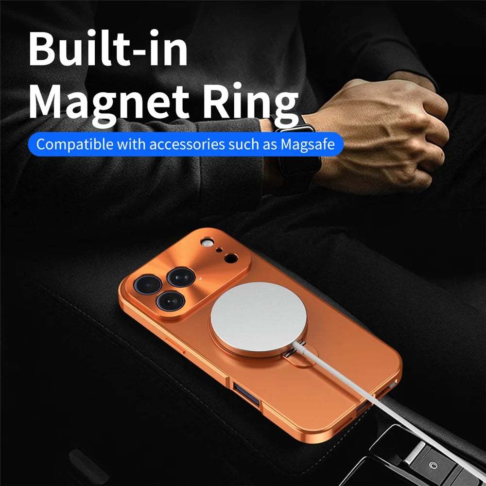 For iPhone 17 Pro Magnetic Case PC + Metal Kickstand Phone Cover with Anti-Spy Tempered Glass Film - Orange - 6