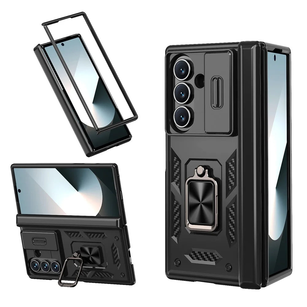For Samsung Galaxy Z Fold7 5G Phone Case with Hinge PC + TPU Cover with  Kickstand and Slide Camera Lid - Black - 1