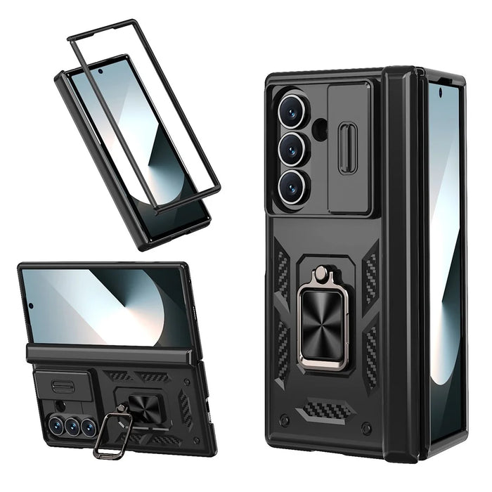 For Samsung Galaxy Z Fold7 5G Phone Case with Hinge PC + TPU Cover with  Kickstand and Slide Camera Lid - Black - 1