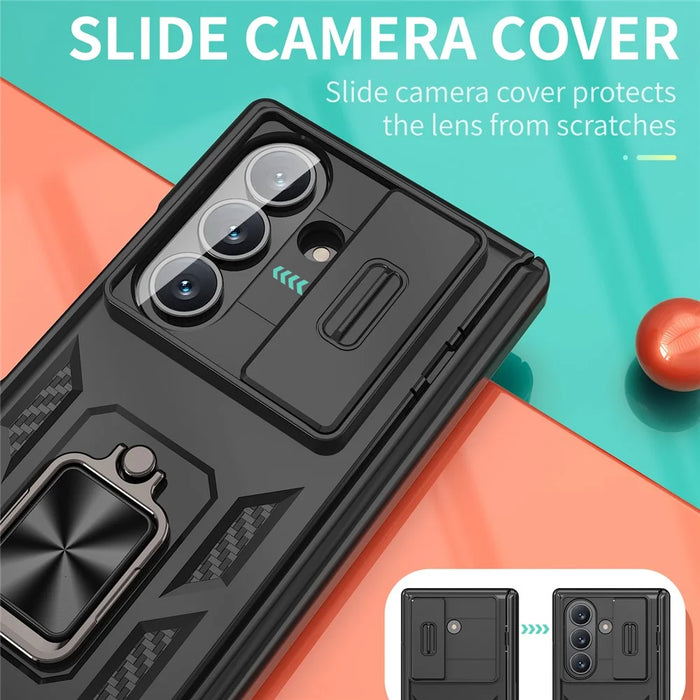 For Samsung Galaxy Z Fold7 5G Phone Case with Hinge PC + TPU Cover with  Kickstand and Slide Camera Lid - Black - 4