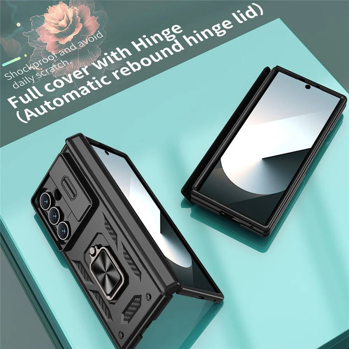 For Samsung Galaxy Z Fold7 5G Phone Case with Hinge PC + TPU Cover with  Kickstand and Slide Camera Lid - Black - 5