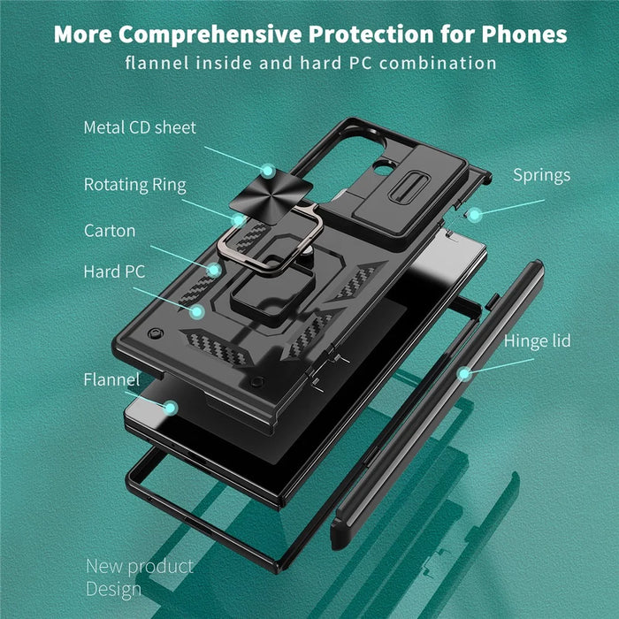 For Samsung Galaxy Z Fold7 5G Phone Case with Hinge PC + TPU Cover with  Kickstand and Slide Camera Lid - Black - 6