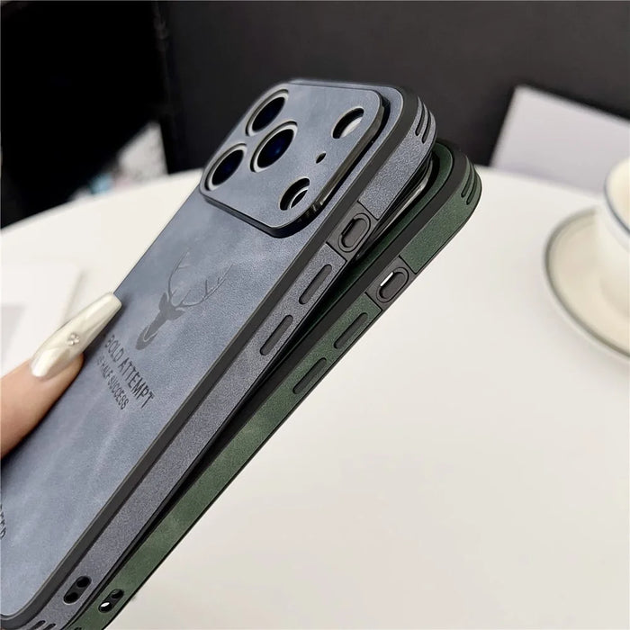 For iPhone 17 Pro Case Deer Pattern PU Leather Coated PC TPU Phone Cover Compatible with MagSafe - Navy Blue - 6