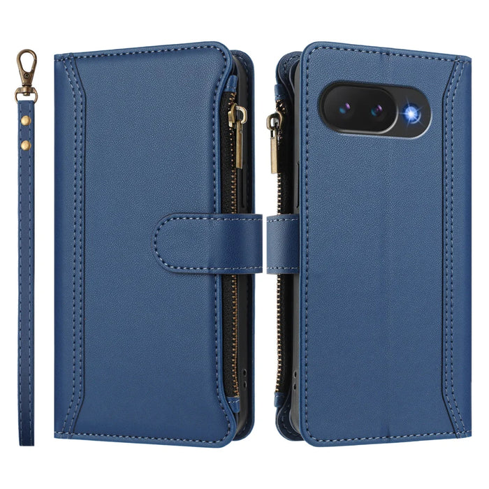 For Google Pixel 10a Leather Case 9 Card Slots Zipper Wallet Stand Phone Cover with Wrist Strap - Dark Blue - 3