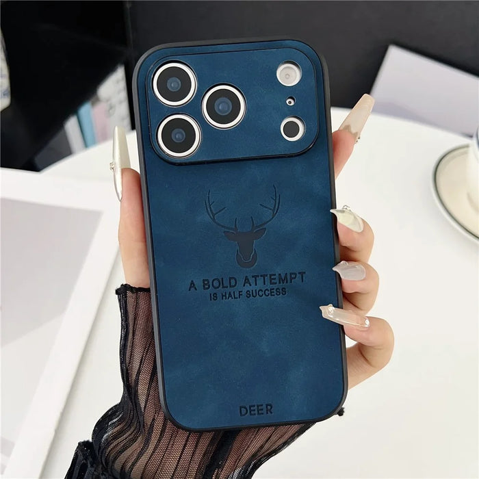 For iPhone 17 Pro Max Case Deer Pattern PU Leather Coated PC TPU Phone Cover Compatible with MagSafe - Navy Blue - 2