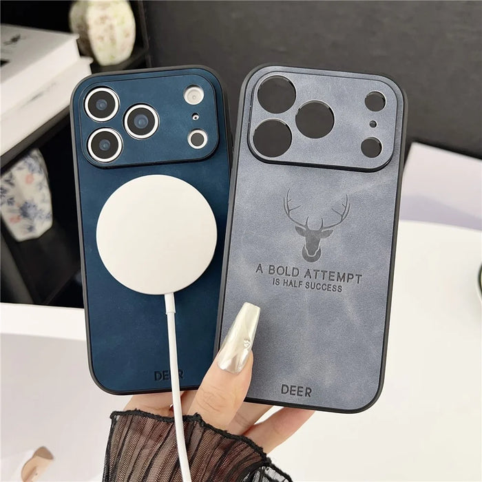 For iPhone 17 Pro Max Case Deer Pattern PU Leather Coated PC TPU Phone Cover Compatible with MagSafe - Navy Blue - 4