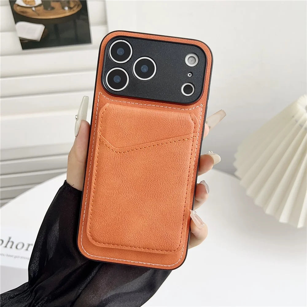 For iPhone 17 Pro Max Case Compatible with MagSafe Rotary Ring Kickstand Leather Back Phone Cover with Detachable Card Holder - Orange - 2