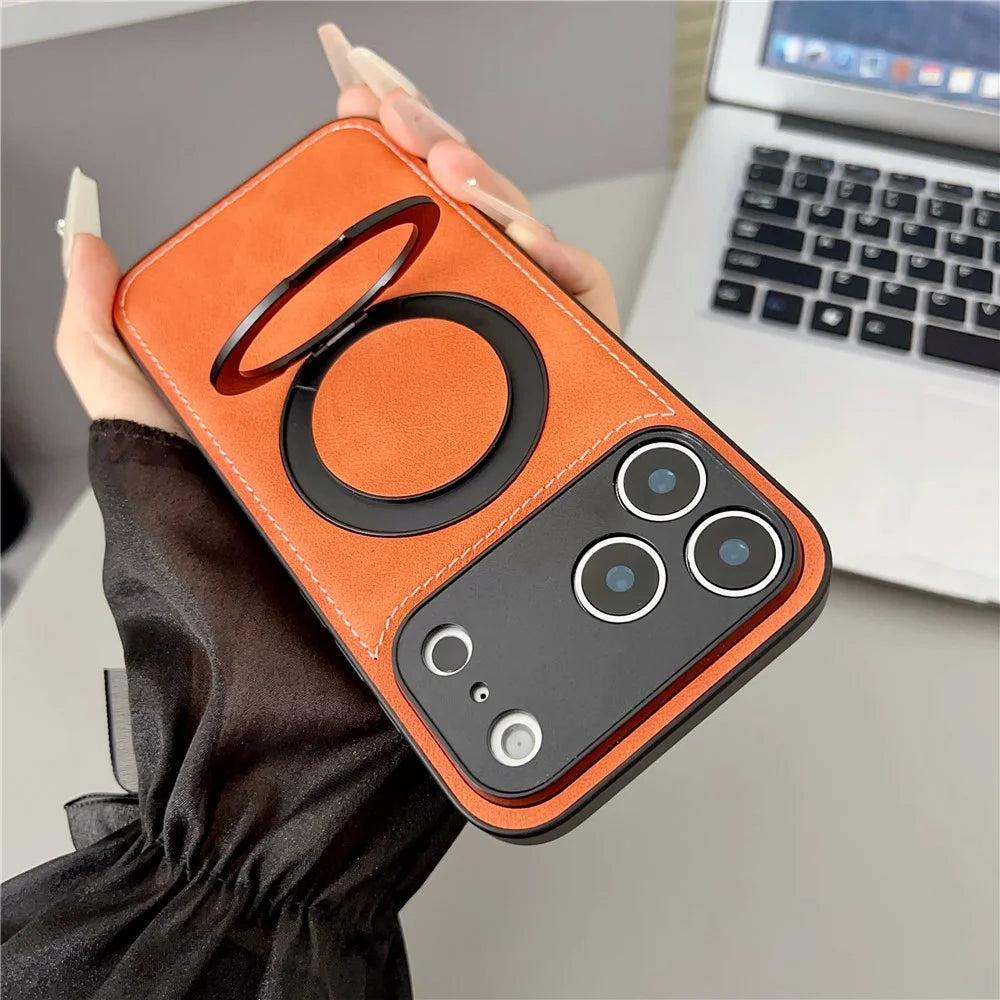 For iPhone 17 Pro Max Case Compatible with MagSafe Rotary Ring Kickstand Leather Back Phone Cover with Detachable Card Holder - Orange - 3
