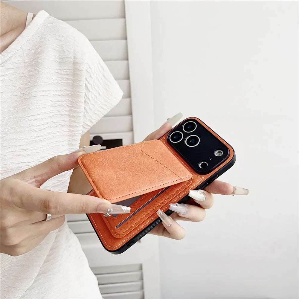 For iPhone 17 Pro Max Case Compatible with MagSafe Rotary Ring Kickstand Leather Back Phone Cover with Detachable Card Holder - Orange - 7