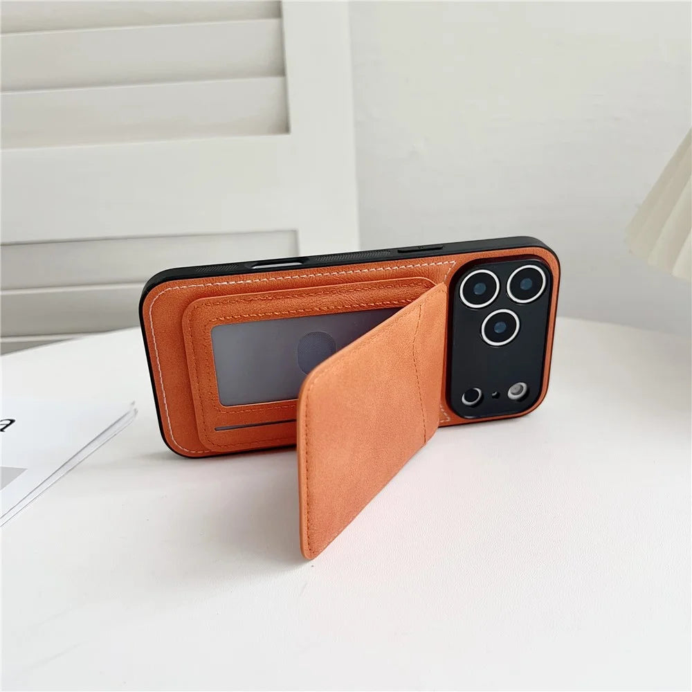 For iPhone 17 Pro Case Compatible with MagSafe Rotary Ring Kickstand Leather Back Phone Cover with Detachable Card Holder - Orange - 5