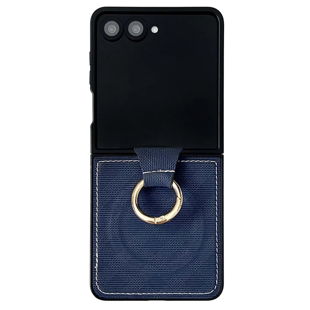 For Samsung Galaxy Z Flip7 5G Magnetic Case Ring Holder Kickstand Aramid Fiber Grid Leather Coated PC Folding Phone Cover - Blue - 1