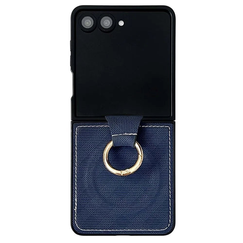 For Samsung Galaxy Z Flip7 5G Magnetic Case Ring Holder Kickstand Aramid Fiber Grid Leather Coated PC Folding Phone Cover - Blue - 1