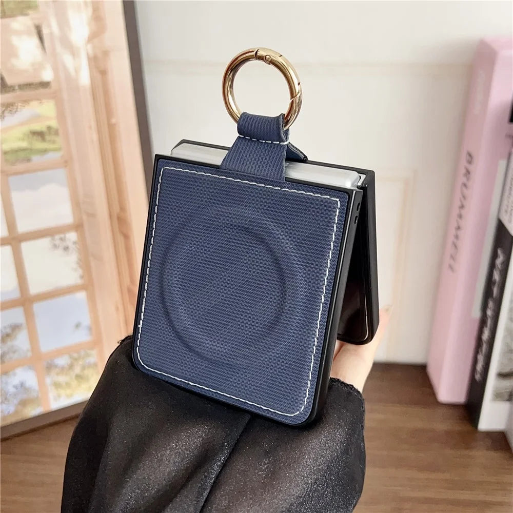 For Samsung Galaxy Z Flip7 5G Magnetic Case Ring Holder Kickstand Aramid Fiber Grid Leather Coated PC Folding Phone Cover - Blue - 3