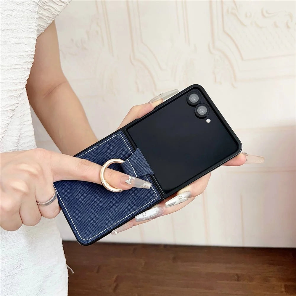 For Samsung Galaxy Z Flip7 5G Magnetic Case Ring Holder Kickstand Aramid Fiber Grid Leather Coated PC Folding Phone Cover - Blue - 4