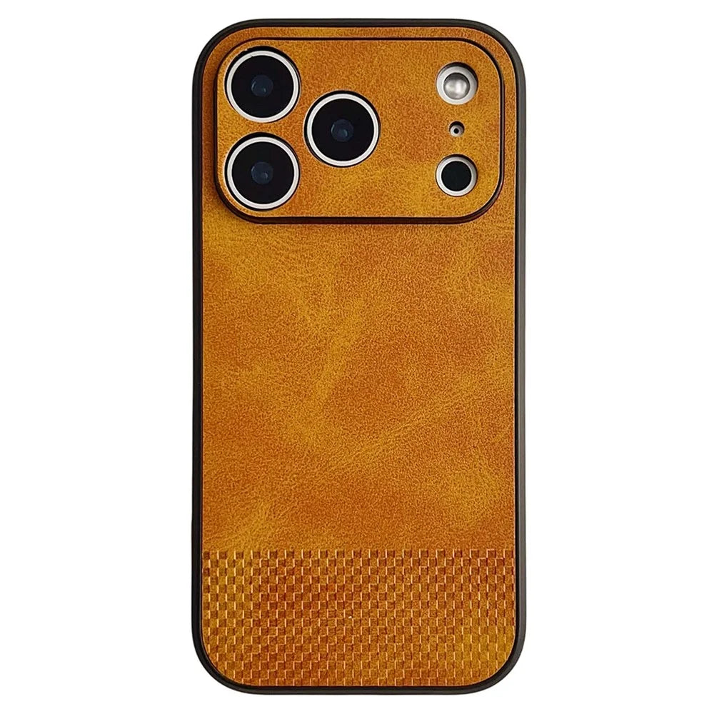 For iPhone 17 Pro Case Grid Texture PU Leather Coated PC TPU Phone Cover - Khaki - 1