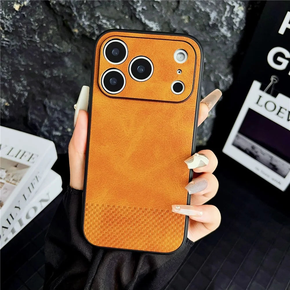For iPhone 17 Pro Case Grid Texture PU Leather Coated PC TPU Phone Cover - Khaki - 2