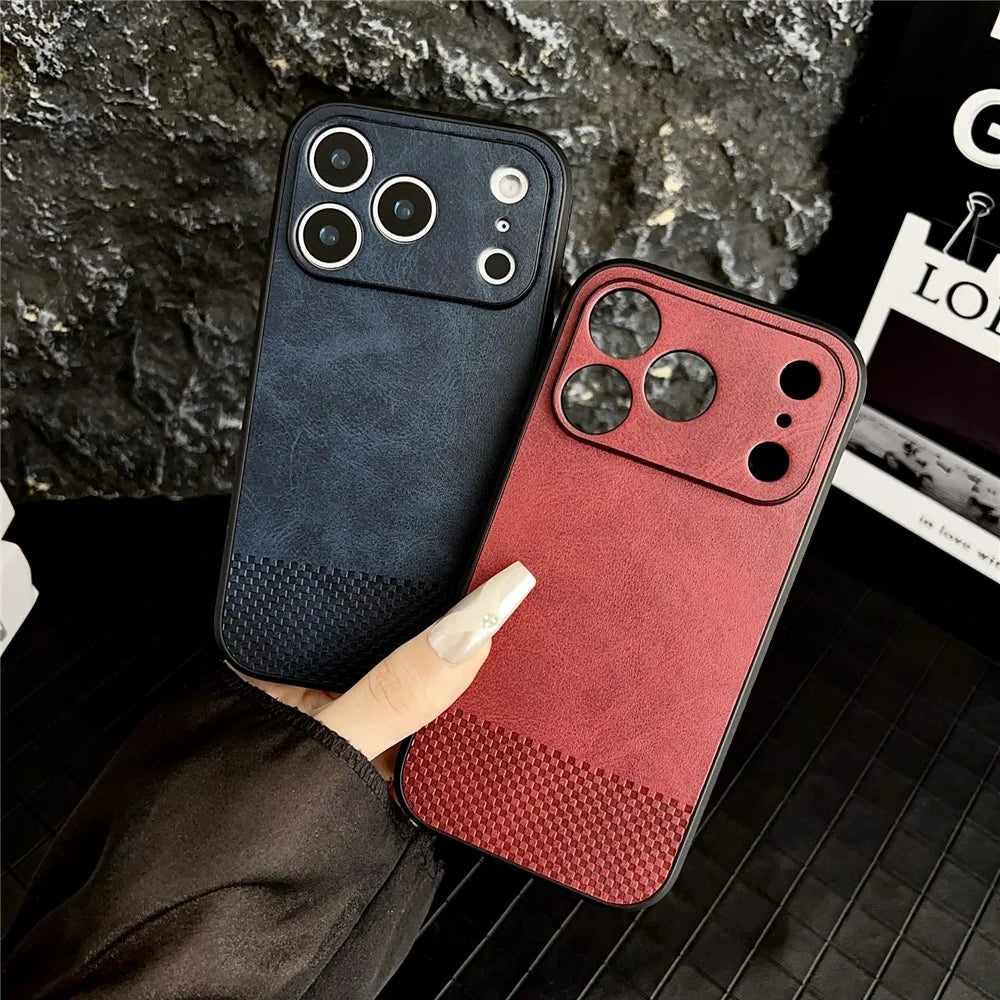 For iPhone 17 Pro Max Case Grid Texture PU Leather Coated PC TPU Phone Cover - Khaki - 3