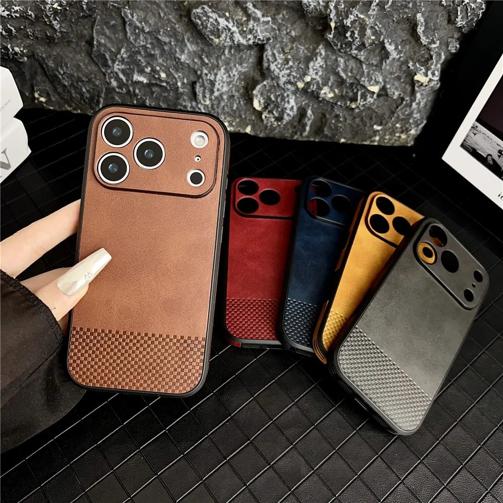 For iPhone 17 Pro Max Case Grid Texture PU Leather Coated PC TPU Phone Cover - Khaki - 4