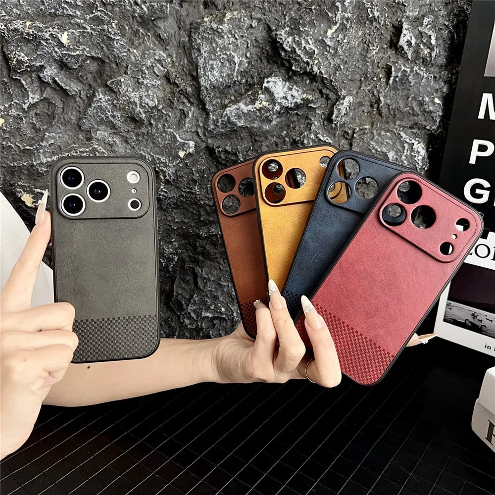 For iPhone 17 Pro Max Case Grid Texture PU Leather Coated PC TPU Phone Cover - Khaki - 5