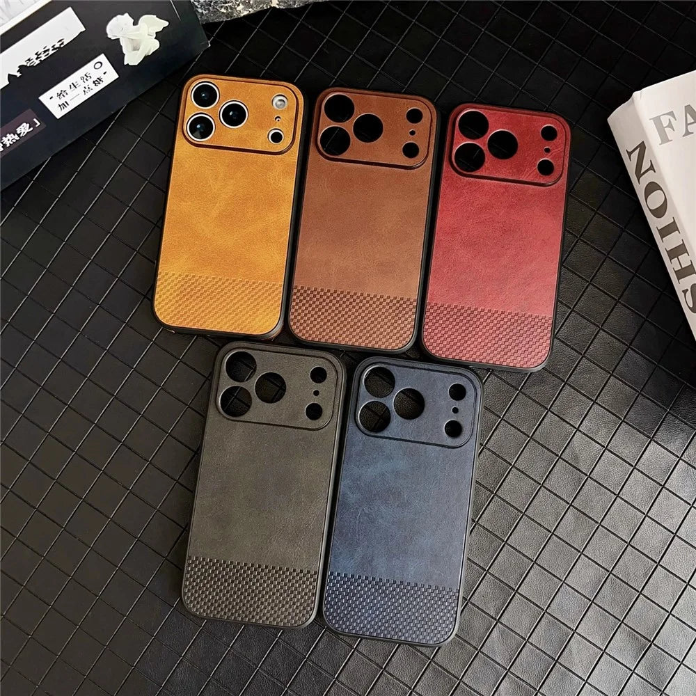 For iPhone 17 Pro Max Case Grid Texture PU Leather Coated PC TPU Phone Cover - Khaki - 6