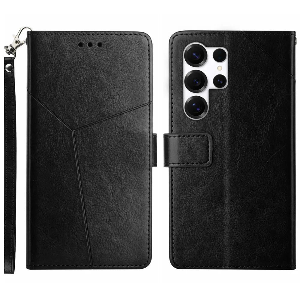 For Samsung Galaxy S26 Ultra Case Y Shaped Lines Imprint Leather Phone Cover - Black - 1