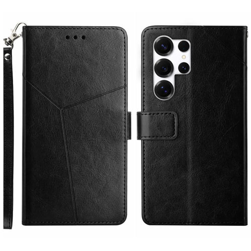 For Samsung Galaxy S26 Ultra Case Y Shaped Lines Imprint Leather Phone Cover - Black - 1