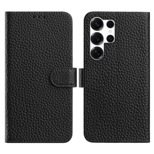 For Samsung Galaxy S26 Ultra Case Wallet Stand Litchi Texture Genuine Cow Leather Flip Phone Cover - Black - 1